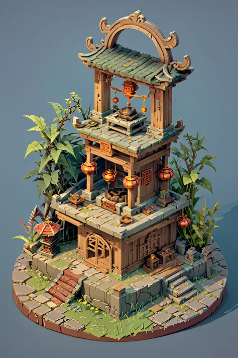 isometric chinese wind q edition close-up of a demon and a demon figurine, circular altar, isometric game assets, game assets my...