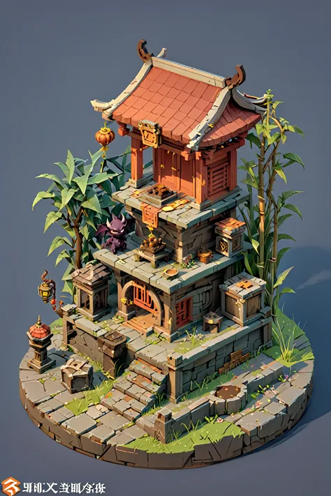 isometric chinese wind q edition close-up of a demon and a demon figurine, circular altar, isometric game assets, game assets my...