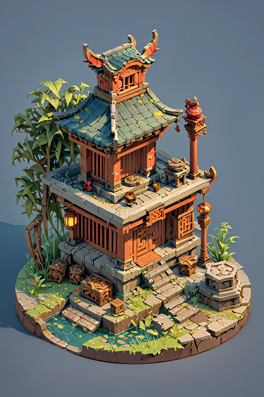 Isometric Chinese Wind Q Edition close-up of a demon and a demon figurine, Circular altar, Isometric Game assets, Game Assets Mystery, Game Render, War-torn environments, polycount Contest winners, Ancient weeds! Ruins, isometric game art