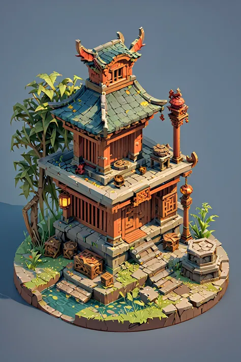 isometric chinese wind q edition close-up of a demon and a demon figurine, circular altar, isometric game assets, game assets my...