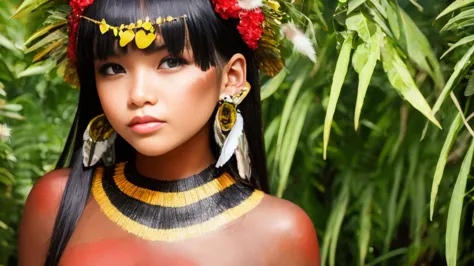 ((cru photo, best qualityer)), (realisitic, fotorrealisitic:1.2). a beautiful indigenous girl in native costume with feathers an...