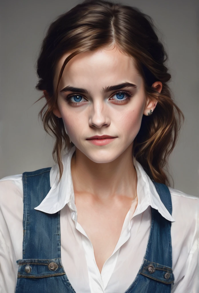 Emma Watson, brown hair, blue eyes, (jeans, white blouse), GobGirl, purple skin, short, demon horns, long ears, large ears, piercings, colored skin, monster_girl 1girl, pointy ears, goblin, shortstack, long pointy ears, earrings, realism, demon tail, hooves