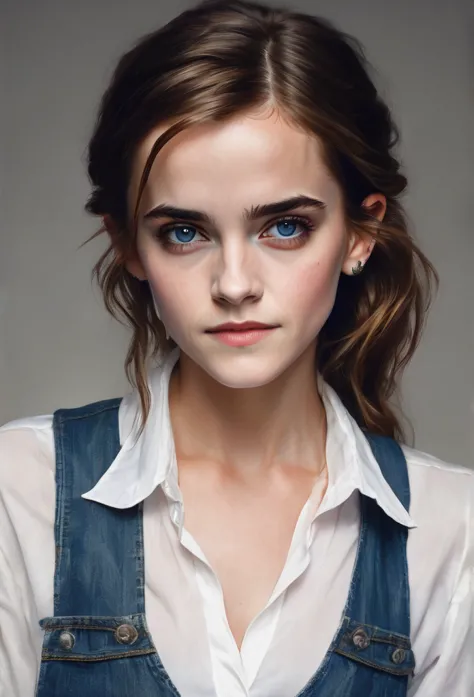 emma watson, brown hair, blue eyes, (jeans, white blouse), gobgirl, purple skin, short, demon horns, long ears, large ears, pier...