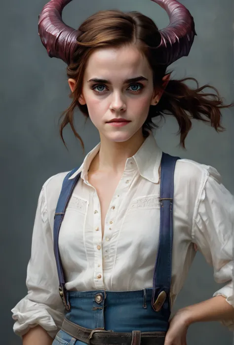 emma watson, brown hair, blue eyes, (jeans, white blouse), gobgirl, purple skin, short, demon horns, long ears, large ears, pier...