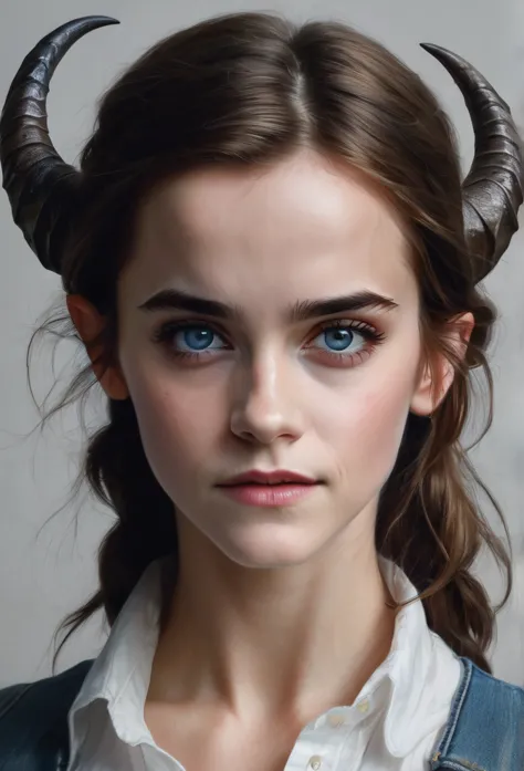 emma watson, brown hair, blue eyes, (jeans, white blouse), gobgirl, purple skin, short, demon horns, long ears, large ears, pier...