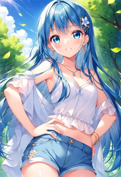 shoulder-length blue hair、blue eyes、beautiful girl、smiling、a middle school girl with slanted eyes、a light jumper and shorts、tall...