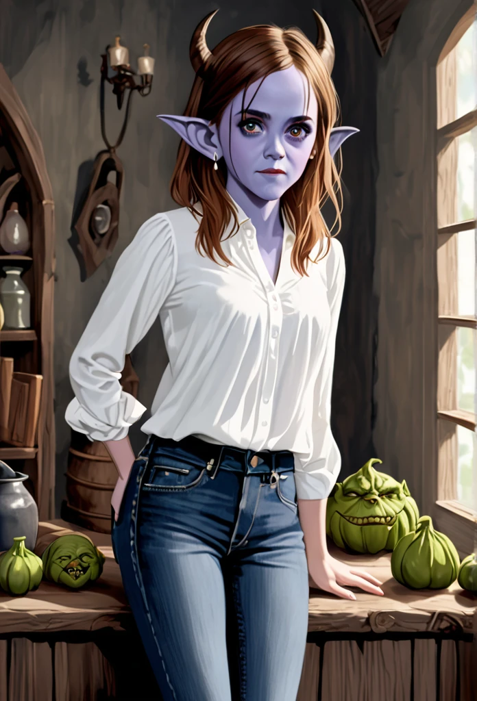 Emma Watson, brown hair, blue eyes, (jeans, white blouse), GobGirl, purple skin, short, demon horns, long ears, large ears, piercings, colored skin, monster_girl 1girl, pointy ears, goblin, shortstack, long pointy ears, earrings, realism, demon tail, hooves