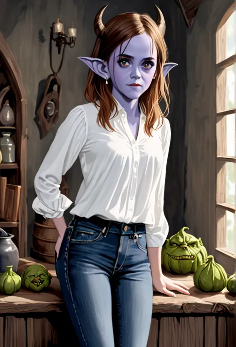 emma watson, brown hair, blue eyes, (jeans, white blouse), gobgirl, purple skin, short, demon horns, long ears, large ears, pier...