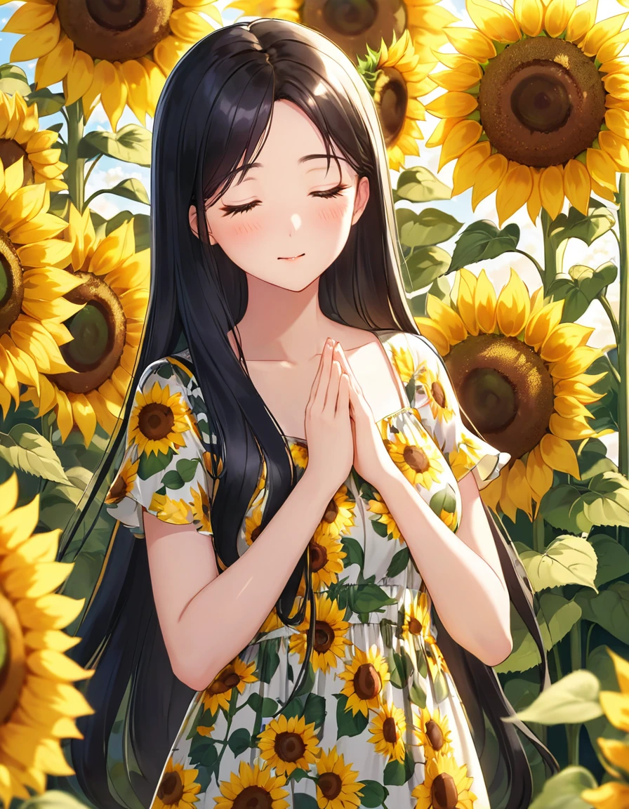 Girl,cute,cute,Chest to head,Straight Hair,Long Hair,Black Hair,sunny,A photo of a slightly larger bust,Light shines in,Floral print dress,Are standing,Close ~ eyes,noon,pray,Sunflower background