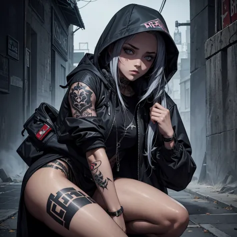 artwork, une fille, gangster, avec une cagoule à tête de mort, tatouage sur tout le corps, agressif, armé, dark fantasy