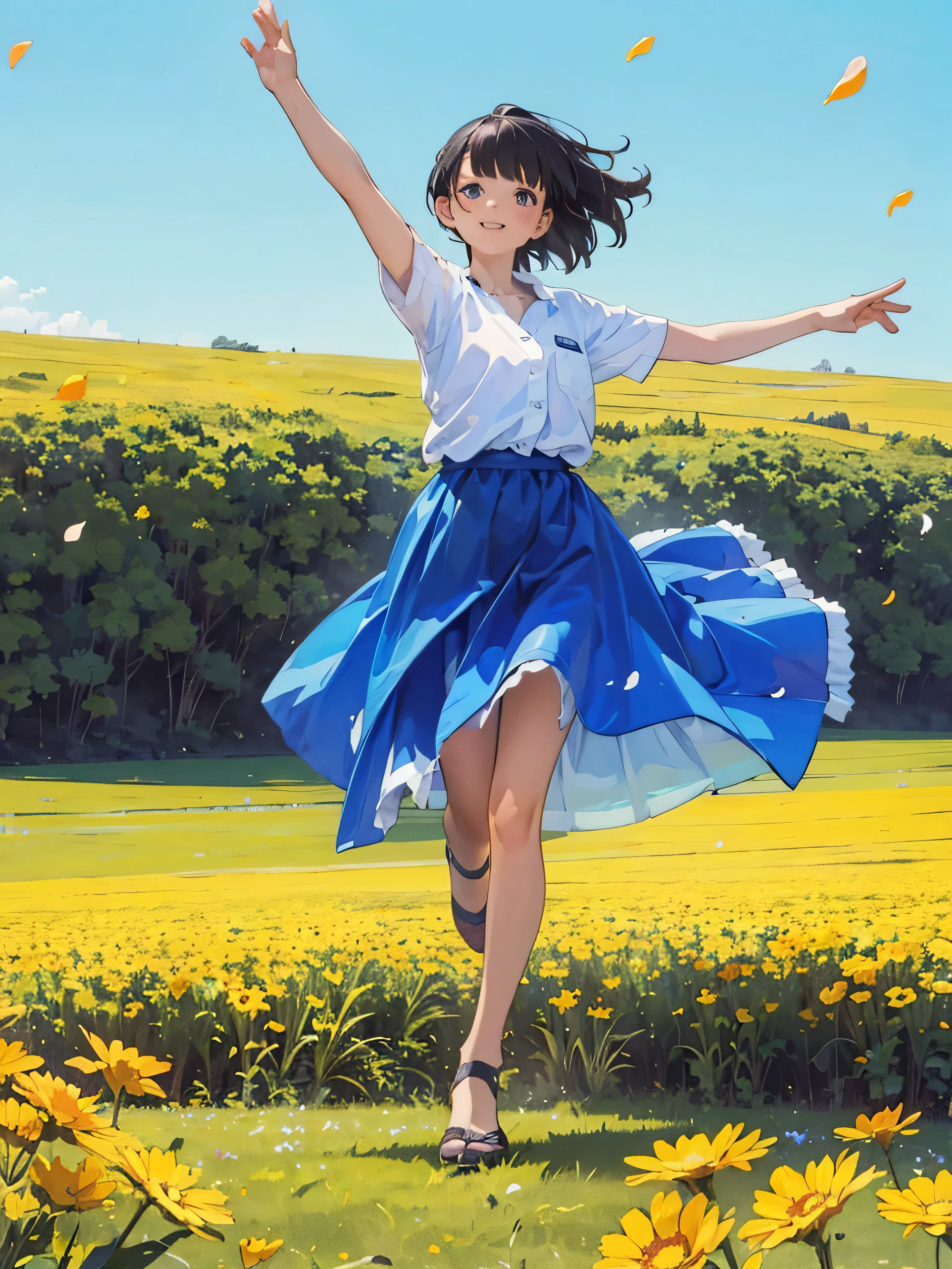 Official Art, wallpaper, Very detailed, (((Very detailed))), Realistic portraits, (high quality, masterpiece, High resolution), 8K  UHD, high quality, There is a woman, surrounded by colorful flowers, Flower Field, female portrait With flowers, Beautiful young dark-haired woman, 4K, 8k, Background Blur, smile, Angle from below, Anatomically correct, Dynamic, low angle , Full body photo, The wind is blowing, Dancing petals, Western, horizon, dance, Bouncing, prairie, open field, beautiful sunny day, blue sky, Raise one leg