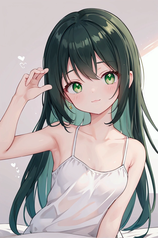 Highest quality,Unity 8k wallpaper,1peopleの,１people,,Glamorous Body,cute,Wink,Large gaps,Waking up,Emerald green eyes,Black Hair,long hair,Raise your upper body,Rub your right eye with your right hand,Stretch out your left hand,Upper body camisole,White scanty,On the bed,Inside the room,