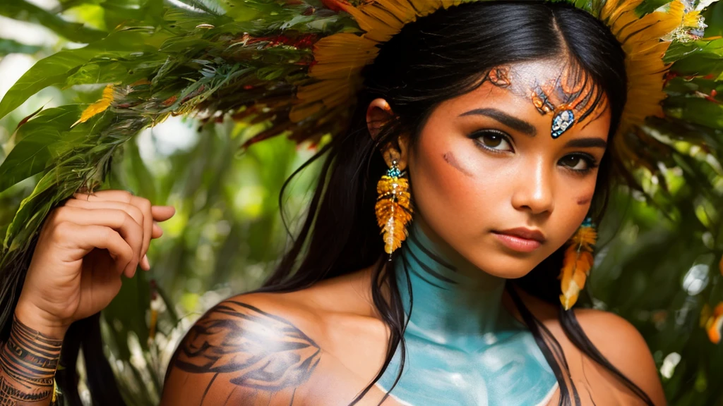 ((CRU photo, best qualityer)), (realisitic, fotorrealisitic:1.2). A beautiful indigenous girl in native costume with feathers and feathers on her head, ((bodypaint)), hot body, sensuous , Amazonian indigenous peoples in Brazil, beautiful young native brazilian female, Yanomami Indian in typical costumes,high qualiy. Amazon rainforest background. realisitic, highy detailed, face detailed. 