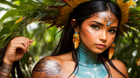 ((cru photo, best qualityer)), (realisitic, fotorrealisitic:1.2). a beautiful indigenous girl in native costume with feathers an...