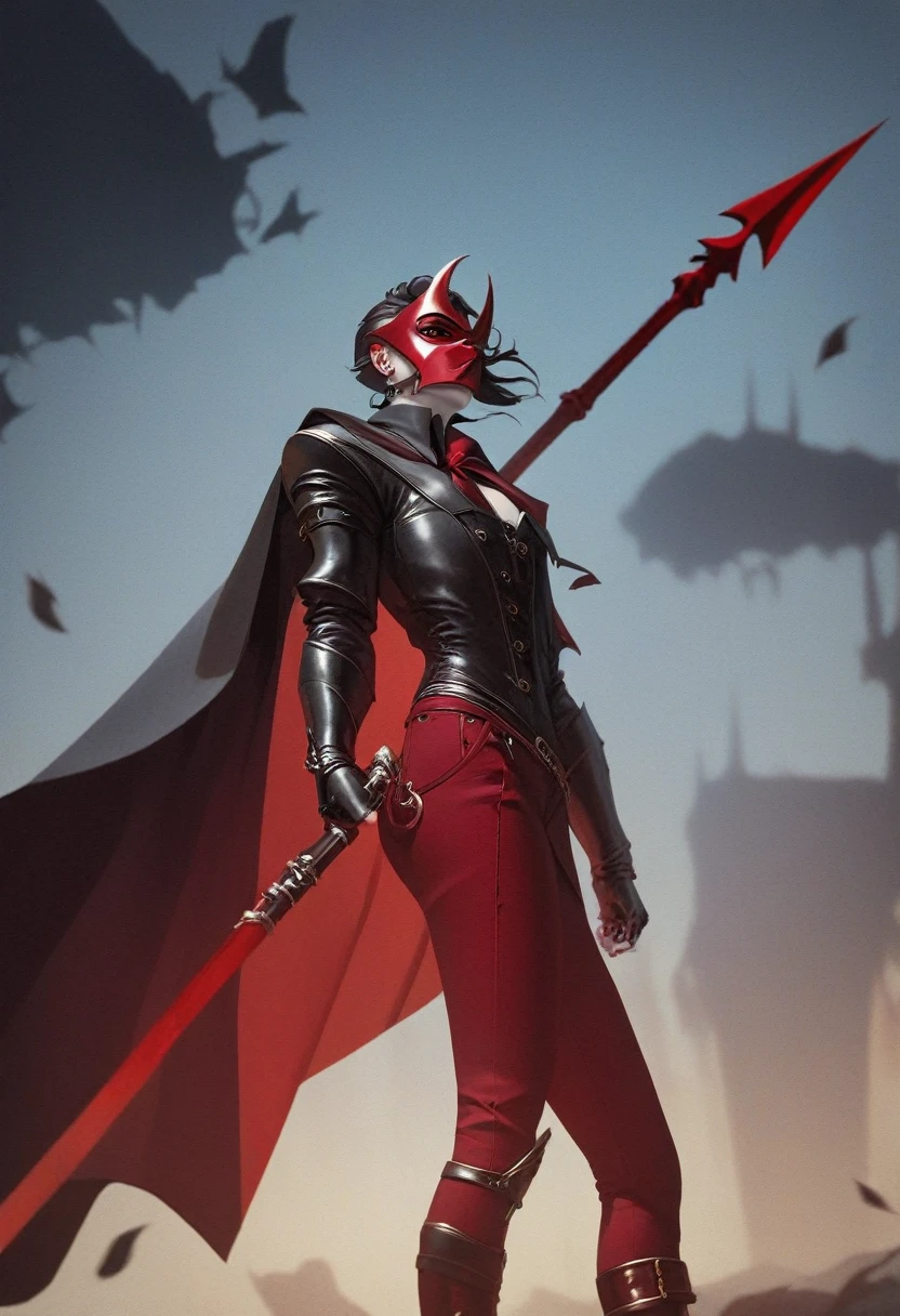 Villain, a post apocalyptic paladin,tomboy,woman,skinny,red clothes,red cape,red mask,scarlet spear,androgynous,a sensual physique, reaper,inspired by the style of Caza, masterfully rendered with exceptional detail and thrilling, vivid colors, and somber lighting.