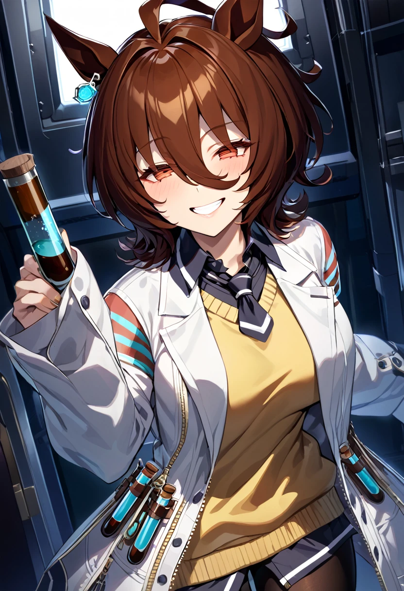 masterpiece, Highest quality,
Agnes-Tachyon \(umamusume\), 
mad scientist, (Shining Lab:1.2), smile, Mouth closed,
Single earring, Long sleeve, Sleeves are longer than the wrist, Sleeves are longer than your fingers, Collared shirt, Black Shirt, Yellow Sweater, Sweater vest, Black tie, Short tie, Open Court, White coat, White, Test tube, bottle, zipper, Black Pantyhose, 