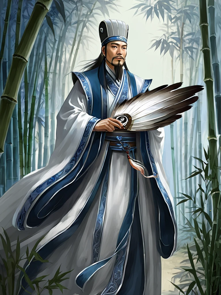 digital illustration, Ancient Chinese scholar, Traditional costume, Embroidered gown, Zhuge Liang the man, Traditional hats, White and blue palette, Beck, intense gaze, Meticulous detail, Historical figures, standing posture, Feather fan, In the bamboo forest