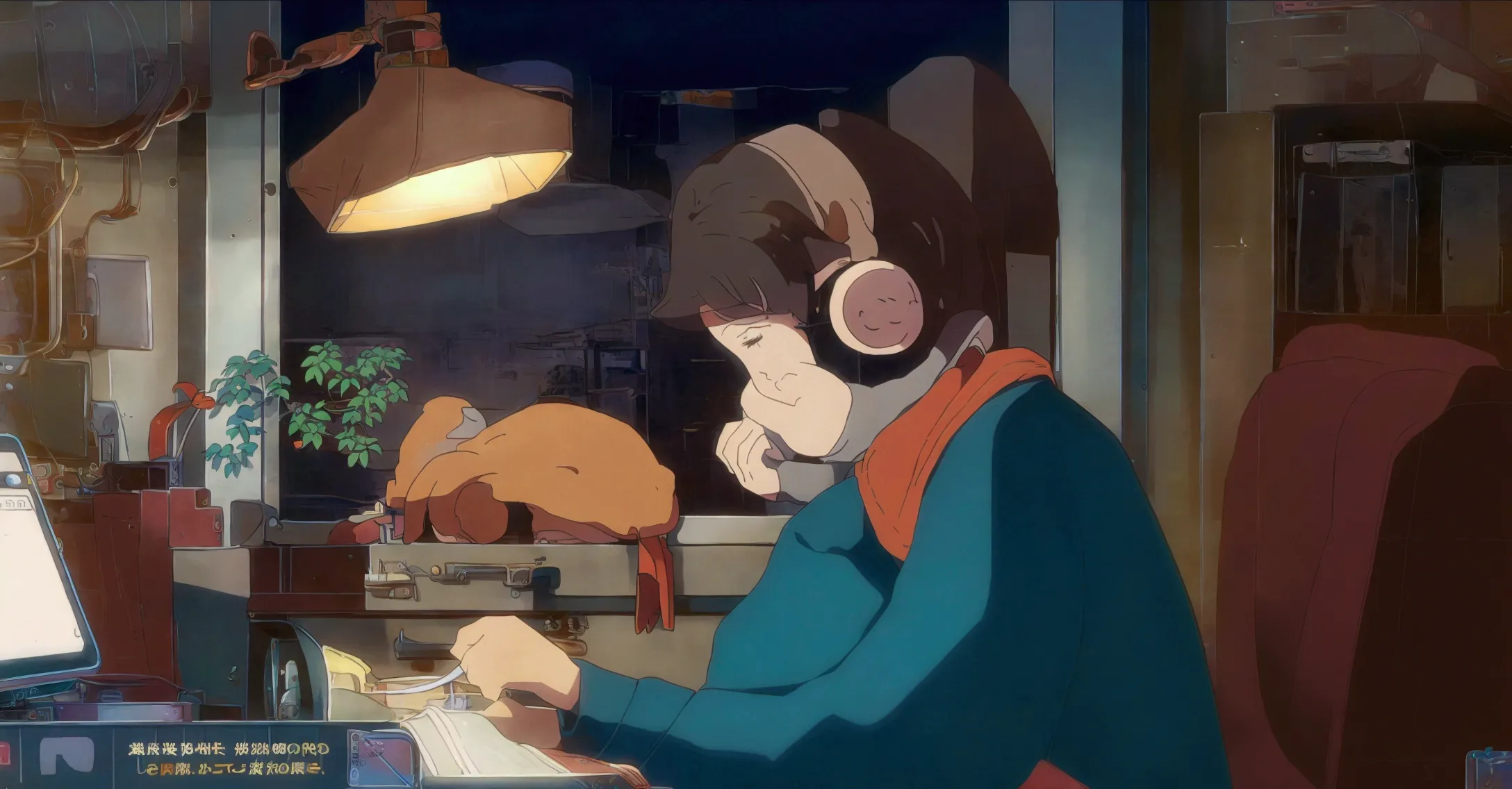 a young woman with brown hair "praise" branded headphones, sitting at a wooden desk writing in a notebook. she is wearing a gree...