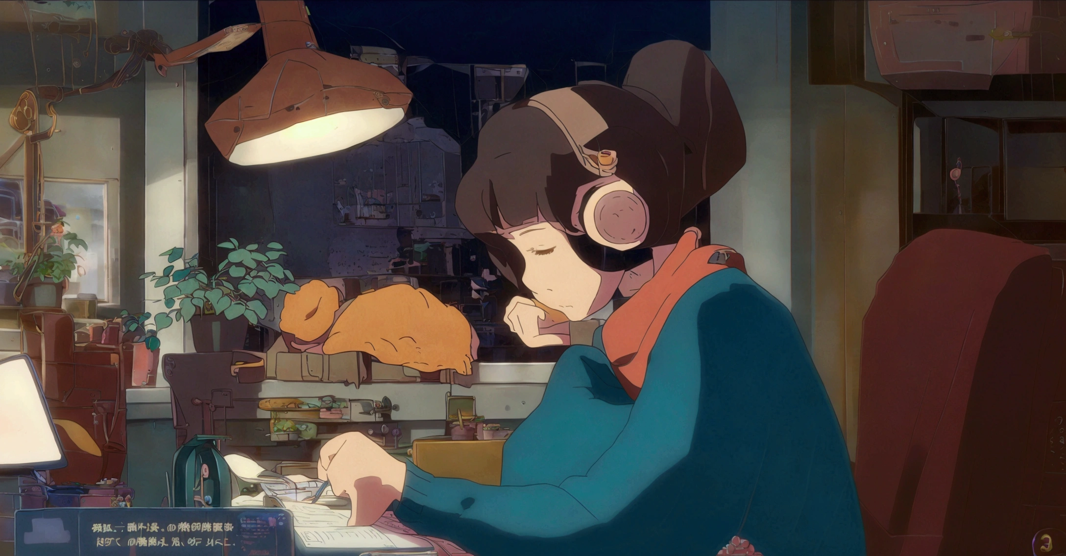 A young woman with brown hair "praise" Branded headphones, sitting at a wooden desk writing in a notebook. She is wearing a green sweater and a red scarf. The setting is cozy, There is a view of the city from the window、Dimly lit night room. On the desk is color々There are things like that on display., Including potted plants, Pencil holder, Scissors and a laptop with an open web page. Orange cat sleeping behind a potted plant. There are other decorations in the room too., Shelves filled with books, lamp, Small toys and pictures. The overall atmosphere is calm and educational.. Anime-style illustration of a woman studying at a desk with a laptop. The night cityscape is visible in the background., There are potted plants and stationery lined up on the desk.. You can also see a cat sleeping behind her..