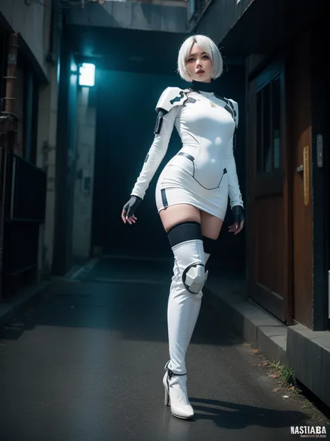 nspired,masterpieceabadon city,2b,nier automata, mecha armor, realistic, ,white suit,mecha leg,neon suit,detailed white skirt,me...