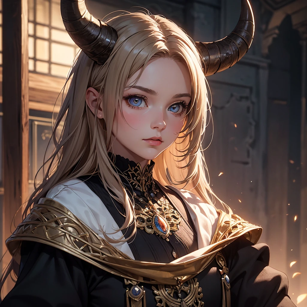 CG, Unity, 8k, wallpaper, Highest quality, masterpiece, Lovely lady, 18-year-old, (Realistic), Best lighting, Complex pupil, Intricate weaving, Detailed Background,Dwarven girl、Two horns on the head,A composition that shows the whole body,One Woman