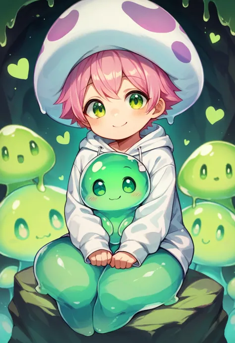 shota, cute, yellow slime boy, short hair with pink highlights, green heart eyes, round face, cute happy smile, sitting on rock,...