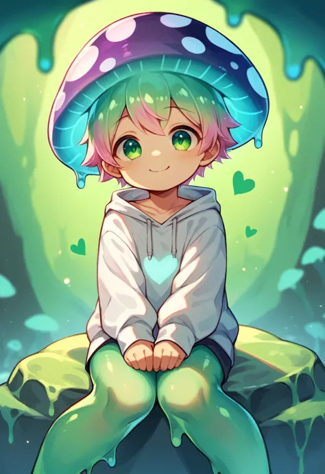 shota, cute, yellow slime boy, short hair with pink highlights, green heart eyes, round face, cute happy smile, sitting on rock,...