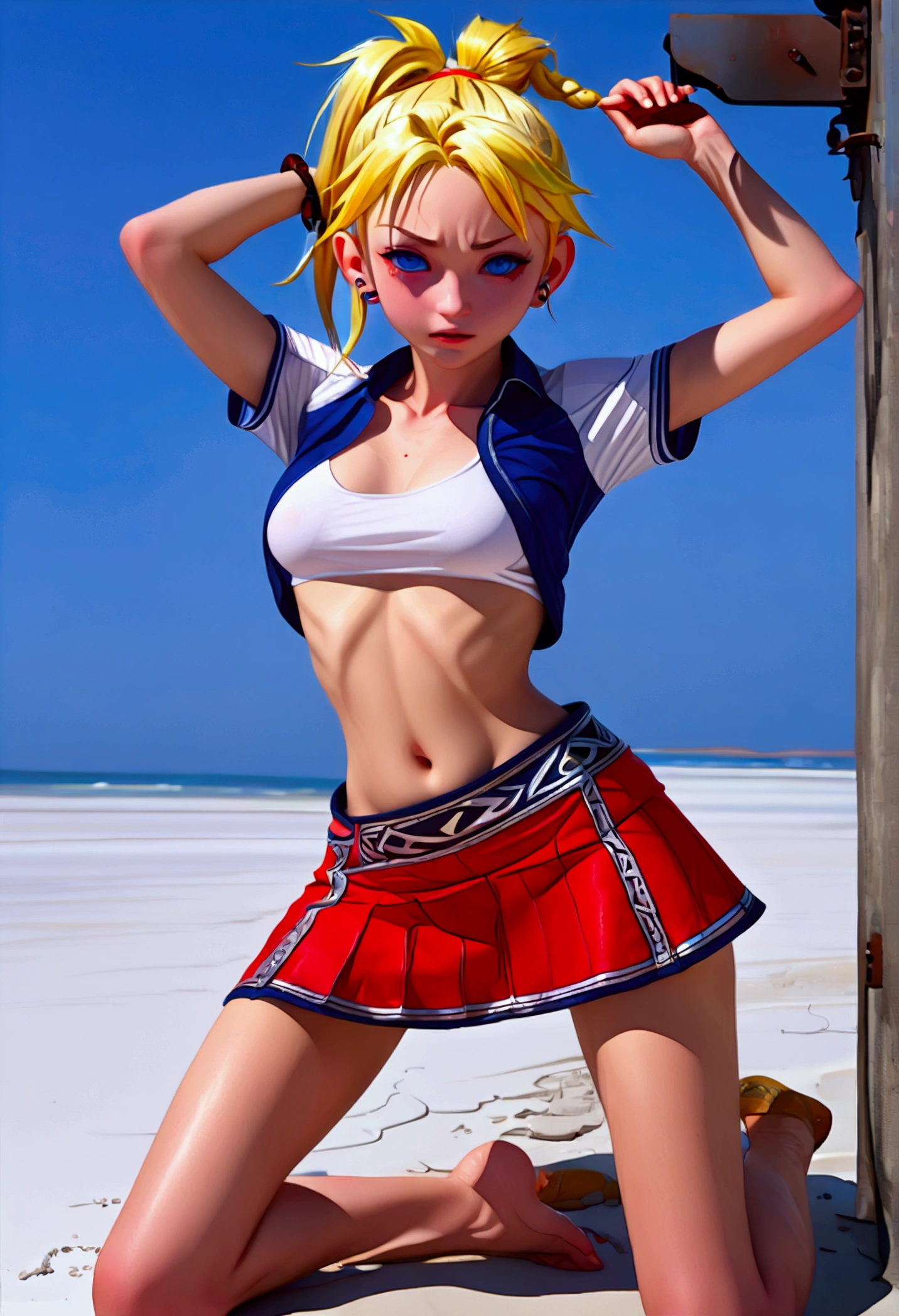 (promotional art), (full length portrait:1.6), (Kid from Chrono Cross), yellow hair in high ponytail braid, sapphire blue eyes, very slender toned frame, lanky thin build, medium-large bust, (very pale white skin:1.3), aroused expression, (white tribal marks on face), BREAK: (red skin tight booty skirt), (open fronted micro skirt:1.4), (3/4 cropped RED short-sleeved jacket:1.3), white crop top under jacket, (shirt clings to high beam nipples:1.5), (protruding nipples:1.4), BREAK: (hands behind head pose:1.25), thighs open pose, white sand beach setting