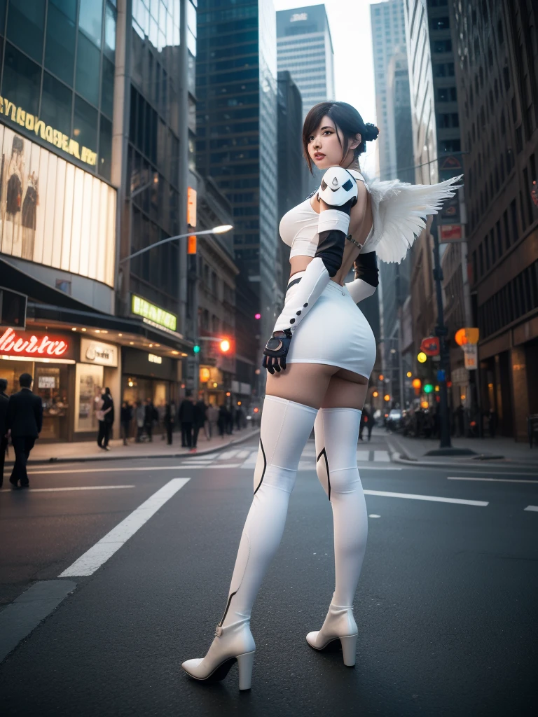 nspired,masterpieceabadon city,2b,nier automata, mecha armor, realistic, ,white suit,mecha leg,neon suit,detailed white skirt,mecha wing,