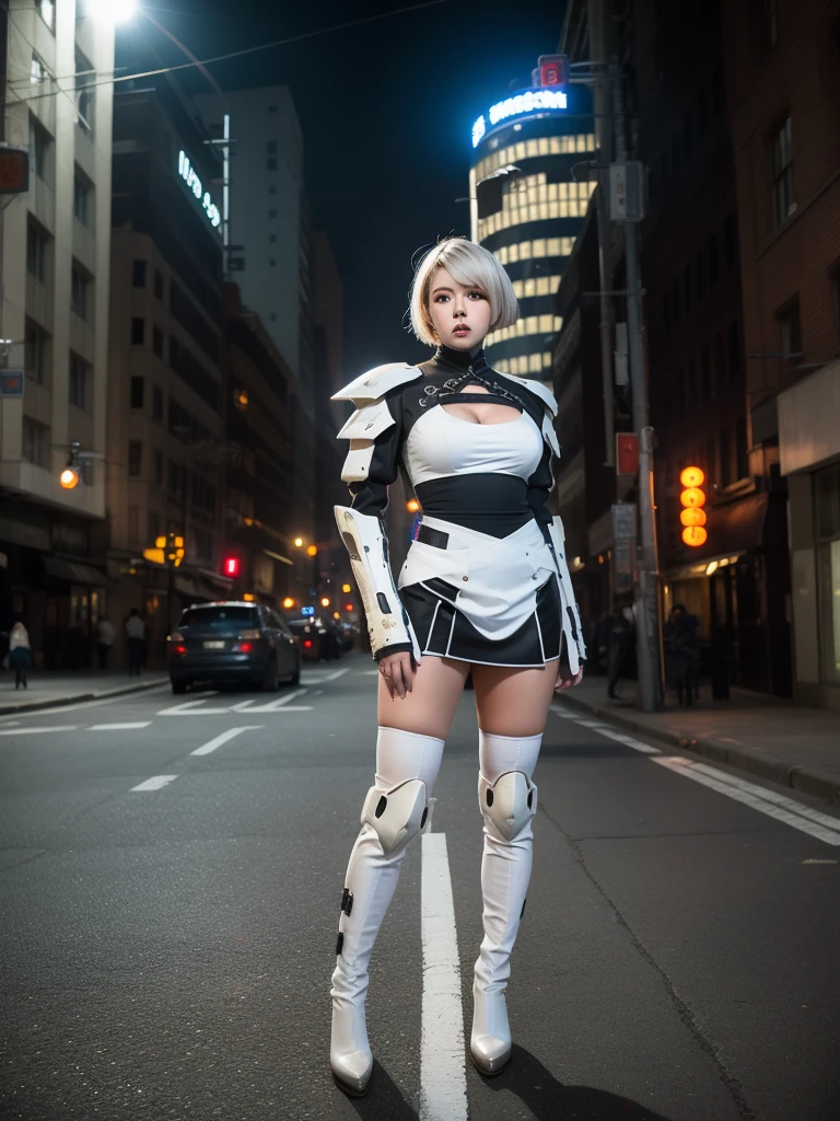 nspired,masterpieceabadon city,2b,nier automata, mecha armor, realistic, ,white suit,mecha leg,neon suit,detailed white skirt,mecha wing,