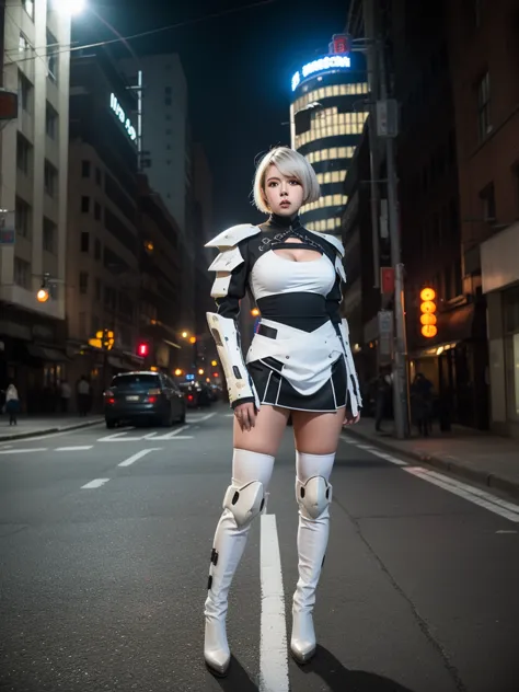 nspired,masterpieceabadon city,2b,nier automata, mecha armor, realistic, ,white suit,mecha leg,neon suit,detailed white skirt,me...