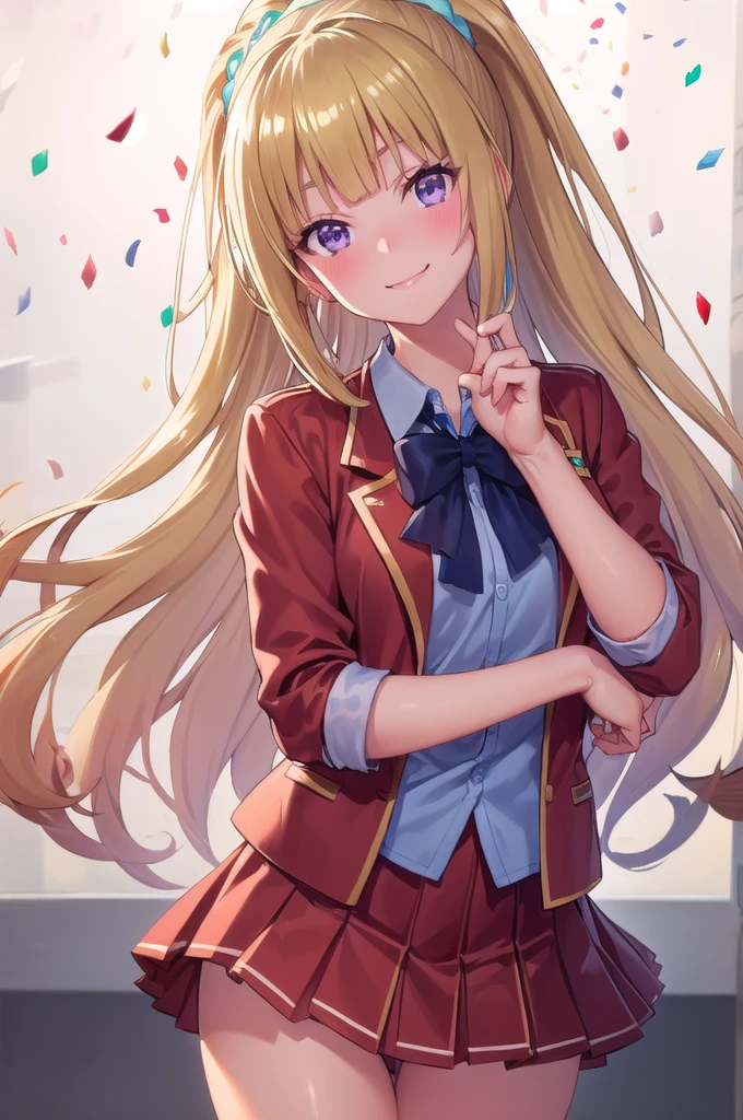 white background:1.3, kei karuizawa, peace sign:1.3, (confetti:1.3), head tilt:1.3, Long Hair, bangs, blunt bangs, (Purple eyes:1.1), Blonde, shirt, hair ornaments, ponytail, Scrunchie, blue Scrunchie, smile, break skirt, shirt, bow, Jacket, (red Jacket:1.2), Pleated skirt, bowtie, sweater, (blue bow:1.2), (blue shirt:1.2), break looking at viewer, (Cowboy Shot:1.5), break (masterpiece:1.2), Highest quality, High resolution, (Beautiful attention to detail:1.6), Highly detailed face, Perfect lighting, Highly detailed CG, (Perfect hands, Perfect Anatomy), (3D Face:1.1), (Shiny skin:1.5), (超High resolution intricate face details), (Facial skin pores:1.3), 超High resolution cloth texture, 大きなsmile, Blushing, Open your mouth, Showing off her perfect legs