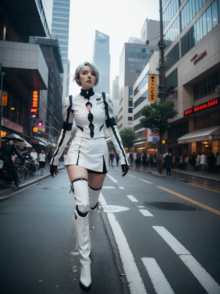 nspired,masterpieceabadon city,2b,nier automata, mecha armor, realistic, ,white suit,mecha leg,neon suit,detailed white skirt,mecha wing,