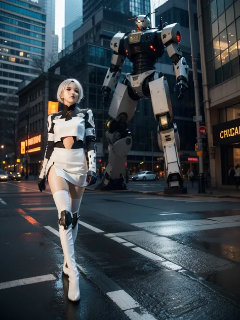 nspired,masterpieceabadon city,2b,nier automata, mecha armor, realistic, ,white suit,mecha leg,neon suit,detailed white skirt,me...