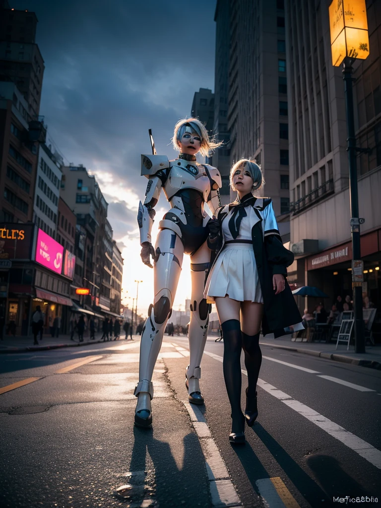 nspired,masterpieceabadon city,2b,nier automata, mecha armor, realistic, ,white suit,mecha leg,neon suit,detailed white skirt,mecha wing,