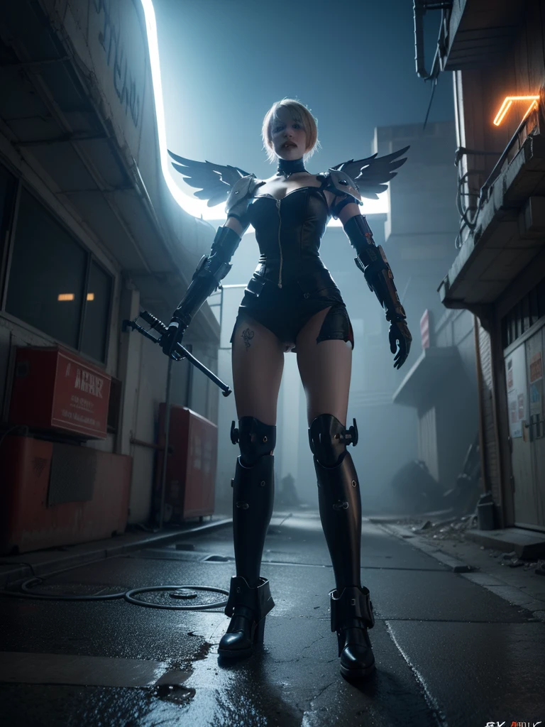 a highly detailed, masterpiece, photorealistic, hyper-realistic, 3d render of 2b from nier automata, wearing a realistic white mecha suit with neon accents, a detailed white skirt, and mechanical wings, standing in an abandoned futuristic city with neon lights and advanced technology, (best quality,4k,8k,highres,masterpiece:1.2),ultra-detailed,(realistic,photorealistic,photo-realistic:1.37),dramatic lighting,cinematic composition,intricate details,volumetric lighting,octane render,8k textures,highly detailed machinery,advanced mecha design,dynamic pose,cinematic camera angle