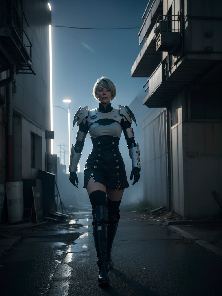 a highly detailed, masterpiece, photorealistic, hyper-realistic, 3d render of 2b from nier automata, wearing a realistic white mecha suit with neon accents, a detailed white skirt, and mechanical wings, standing in an abandoned futuristic city with neon lights and advanced technology, (best quality,4k,8k,highres,masterpiece:1.2),ultra-detailed,(realistic,photorealistic,photo-realistic:1.37),dramatic lighting,cinematic composition,intricate details,volumetric lighting,octane render,8k textures,highly detailed machinery,advanced mecha design,dynamic pose,cinematic camera angle