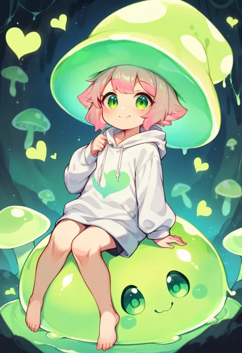 shota, cute, yellow slime boy, short hair with pink highlights, green heart eyes, round face, cute happy smile, sitting on rock,...