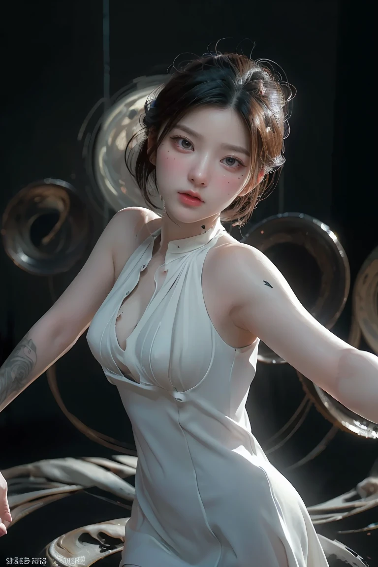 ((masterpiece, best quality)), ultra detailed 8k, photorealistic, sharp focus, highly detailed, professional lighting , shadowmancer, photo of a woman, ink particle, ((swirling black ink floating around)), futuristic fantasy, futuristic white dress, dynamic pose, realistic, masterpiece, intricate details, detailed background, depth of field,