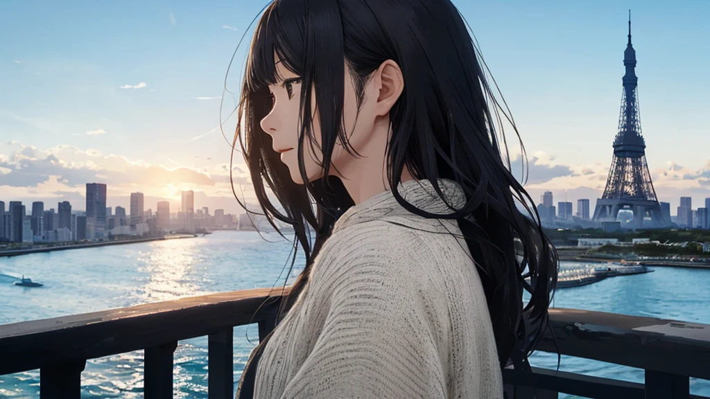 Shiraishi Mei, Looks exactly like Shiraishi Mei、Time is night、Tokyo Tower in the background、Big fireworks、Oceanの方を向いている後ろ姿、Woman looking up at the sky ,Long Hair,  Black Hair,, Photo from the side, Realistic, Highest quality, Detailed face, Strong sunlight, Ocean, Embankment, Detailed Background, Diffused sunlight, Written boundary depth, Bokeh (Highest quality: 1.2), (masterpiece: 1.2), Watch Viewer, one piece, White Theme, ,Vision、(((Panorama:1.2)))