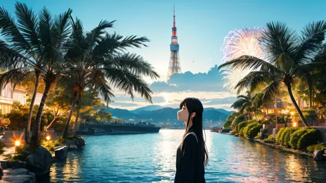 shiraishi mei, looks exactly like shiraishi mei、time is night、tokyo tower in the background、big fireworks、oceanの方を向いている後ろ姿、woman...