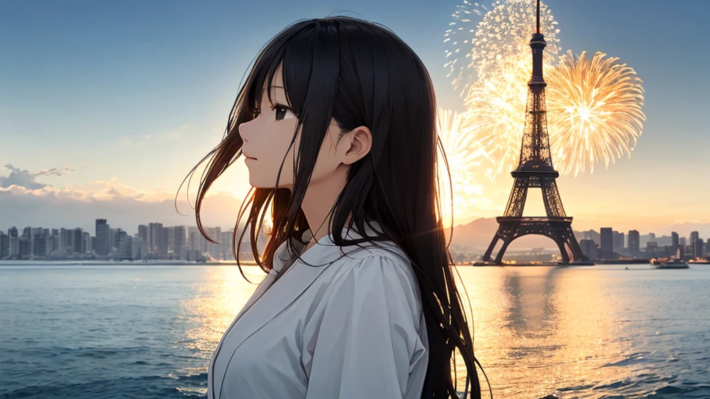 Shiraishi Mei, Looks exactly like Shiraishi Mei、Time is night、Tokyo Tower in the background、Big fireworks、Oceanの方を向いている後ろ姿、Woman looking up at the sky ,Long Hair,  Black Hair,, Photo from the side, Realistic, Highest quality, Detailed face, Strong sunlight, Ocean, Embankment, Detailed Background, Diffused sunlight, Written boundary depth, Bokeh (Highest quality: 1.2), (masterpiece: 1.2), Watch Viewer, one piece, White Theme, ,Vision、(((Panorama:1.2)))