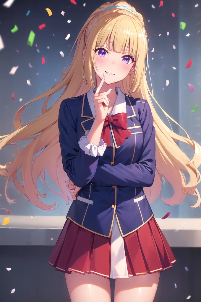 white background:1.3, white background:1.3, kei karuizawa, peace sign:1.3, (confetti:1.3), head tilt:1.3, Long Hair, bangs, blunt bangs, (Purple eyes:1.1), Blonde, shirt, hair ornaments, ponytail, Scrunchie, blue Scrunchie, smile, break skirt, shirt, bow, Jacket, (red Jacket:1.2), Pleated skirt, bowtie, sweater, (blue bow:1.2), (blue shirt:1.2), break looking at viewer, (Cowboy Shot:1.5), break (masterpiece:1.2), Highest quality, High resolution, (Beautiful attention to detail:1.6), Highly detailed face, Perfect lighting, Highly detailed CG, (Perfect hands, Perfect Anatomy), (3D Face:1.1), (Shiny skin:1.5), (超High resolution intricate face details), (Facial skin pores:1.3), 超High resolution cloth texture, 大きなsmile, Blushing, Open your mouth, Showing off her perfect legs