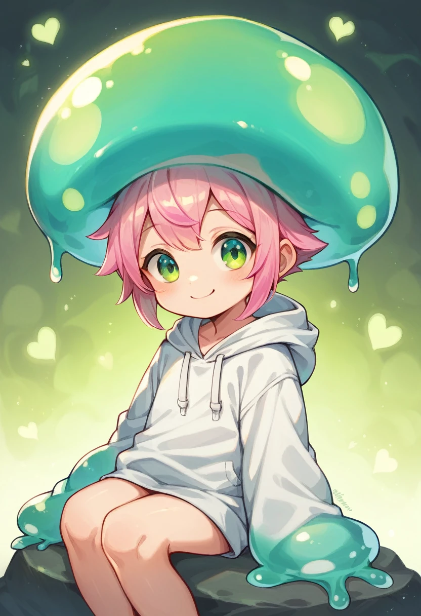 Shota, Cute, yellow slime boy, short hair with pink highlights, green heart eyes, round face, cute happy smile, sitting on rock, luminous crystal cave background, slime mushroom hat, oversized cute white hoodie, :3