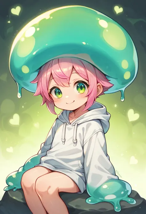 shota, cute, yellow slime boy, short hair with pink highlights, green heart eyes, round face, cute happy smile, sitting on rock,...