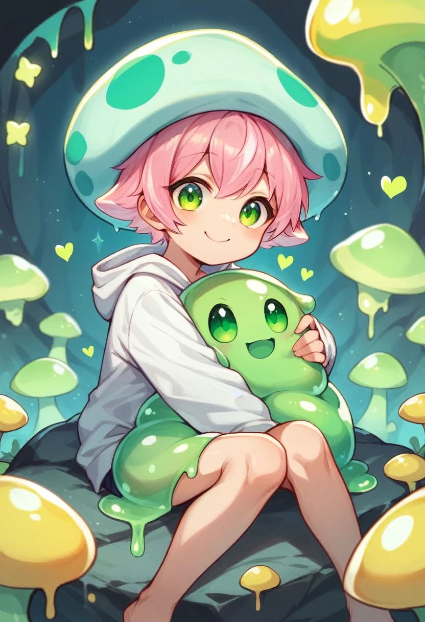 Shota, Cute, yellow slime boy, short hair with pink highlights, green heart eyes, round face, cute happy smile, sitting on rock, luminous crystal cave background, slime mushroom hat, oversized cute white hoodie, :3