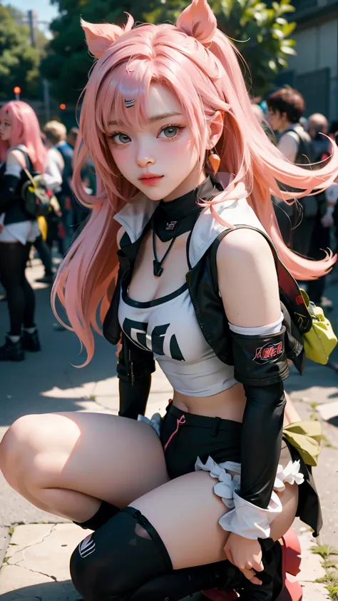 a girl cosplaying as the character sakura from the anime naruto shimpudder. she has long pink hair, a bandana tied in white, a g...