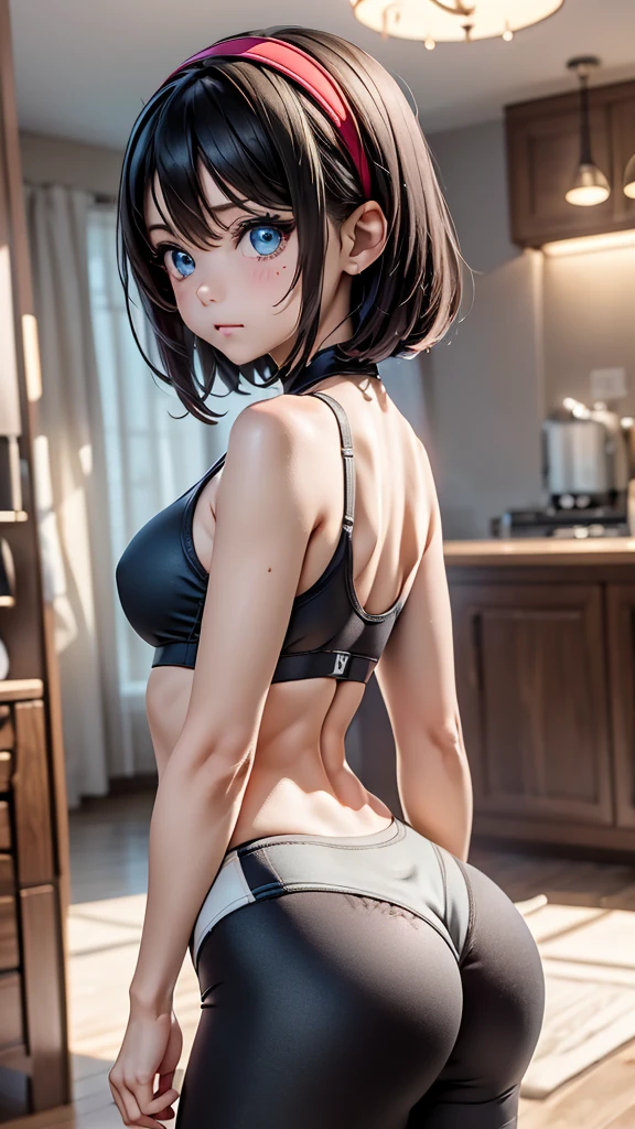 front view, big sports bra, intricately detailed yoga pants, luxury apartment, from behind, masterpiece, best quality, very aesthetic, absurdres, newest, ai-generated, super detailed, cinematic view, videl, 1girl, black hair, blue eyes, short hair, red hairband, (HDR), (8k), (32k), (masterpiece:1.1), (Best quality), (Ultra detailed eyes), open chest sweater