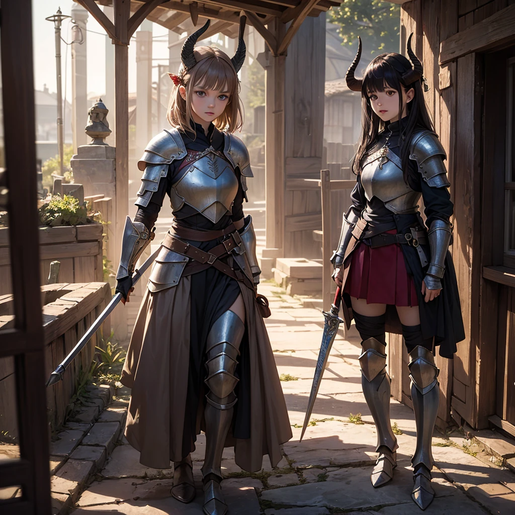 CG, Unity, 8k, wallpaper, Highest quality, masterpiece, Lovely lady, 18-year-old, (Realistic), Best lighting, Complex pupil, Intricate weaving, Detailed Background,The Hobbit Girl、Two horns on the head,A composition that shows the whole body,One Woman,Full Body、Knight in Armor