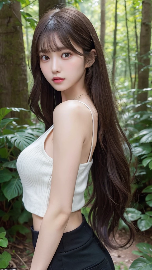 8k, Highest quality, masterpiece, Very detailed, Semi-realistic, girl, , 20-year-old, Look at your hands, Long dark brown hair with bangs, Curly Hair, Green Eyes, Black Japanese style cut clothes, White pants, Exposing shoulders, golden details, Slim figure, Sexy expression, Seduction Scene, Outdoor, Forest Background, Lots of trees and dark skies